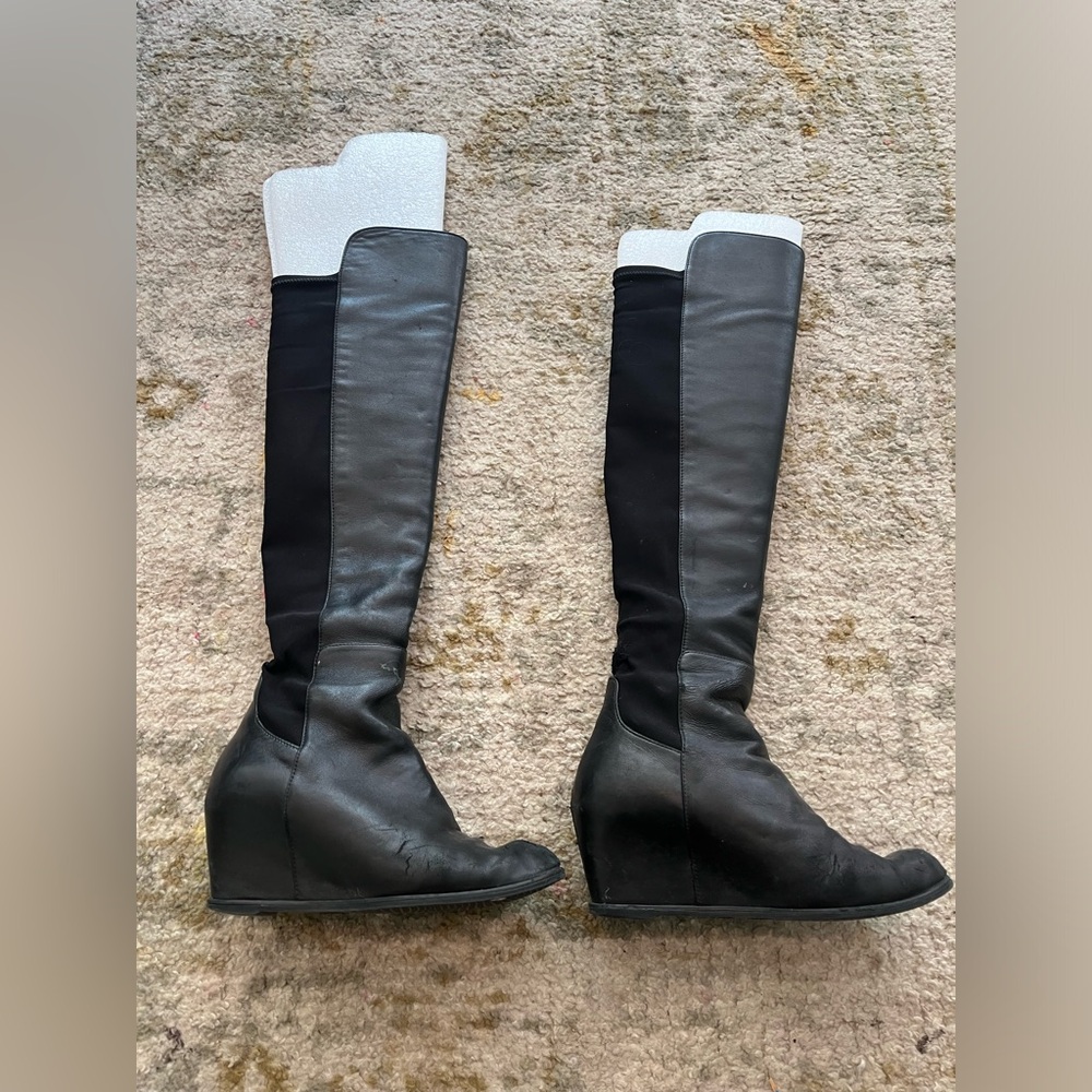 Stuart Weitzman Black Leather Wedge Heel Boots